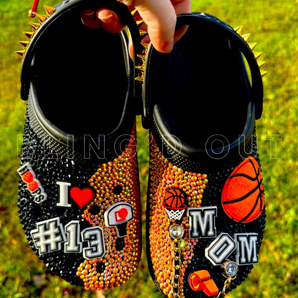 Blinged out basketball crocs made with rhinestones and charms